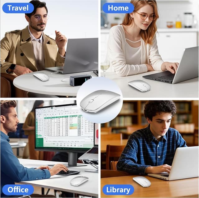 Thumbnail 6 de Azmall Wireless Mouse Slim (wiederaufladbar, Dual-Modus 2,4G & Bluetooth, silberner Jiggler-Modus) für MacBook Air, Laptop & Tablet