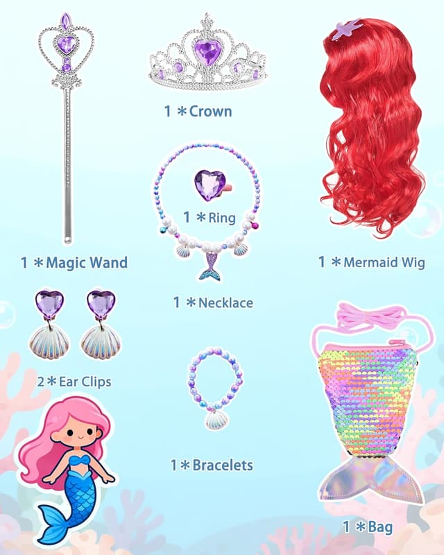 Detalle de Costume da principessa sirena Ariel Dtiaagto per bambine e ragazze (età 3-10 anni) con parrucca e accessori glitter