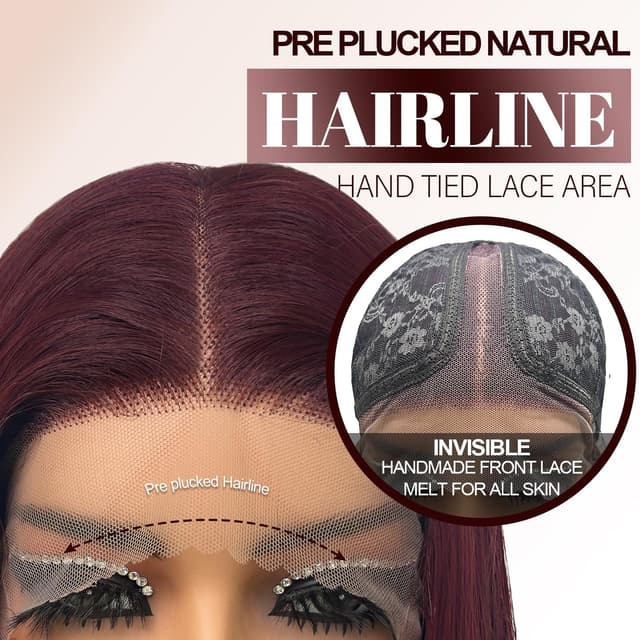 Detalle de Su Mei.s Glueless Synthetic Lace Front Wig, 26-Inch Straight Red (#99J Burgundy, 13x5x1 HD Lace, Hand-Tied)