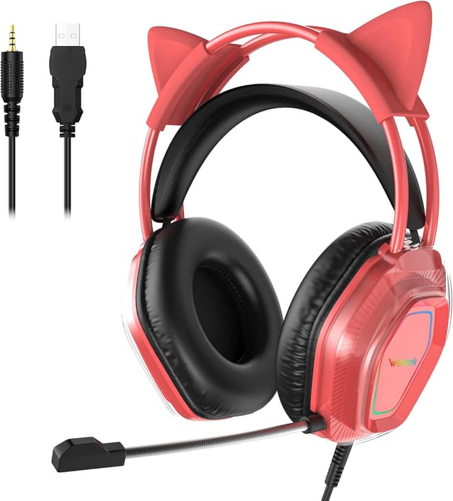 Detalle de Wantek Wantak Katzenohr-Kopfhörer mit Mikrofon (kabelgebunden) – Gaming-Headset für PC, PS5 & Xbox, Noise Cancelling, 20–20.000 Hz (Red)