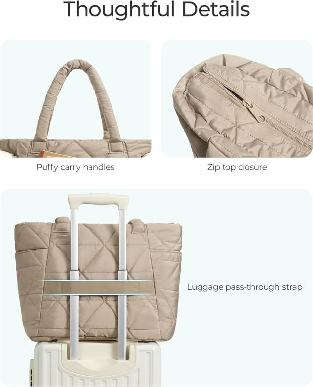 Detalle de BAGSMART Puffer Tote Bag for Women with Zipper, Quilted Shoulder Bag for Travel, Work, Gym