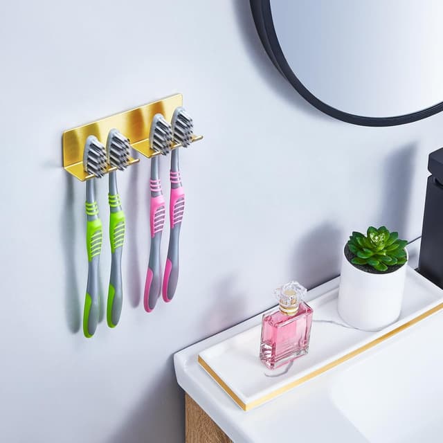 Detalle de GGQ Zahnbürstenhalter (Wand, ohne Bohren) mit selbstklebender Aufsatz-Halterung für elektrische Zahnbürsten – Gold, Groß