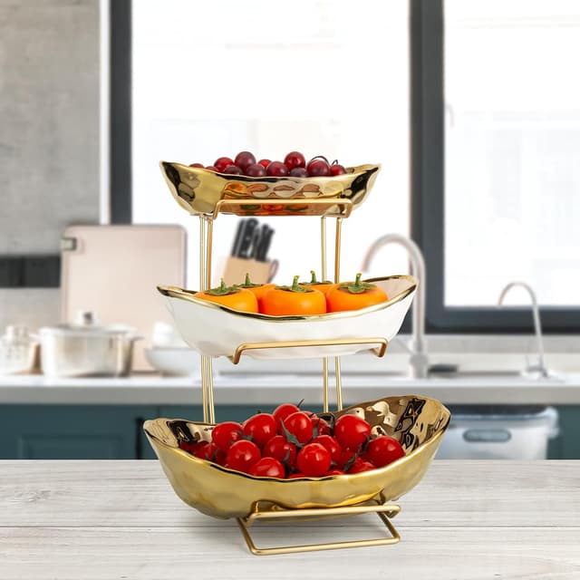 Detalle 2 de YYW 3-Tier Ceramic Fruit Bowl Stand (White & Gold) for Countertop Storage