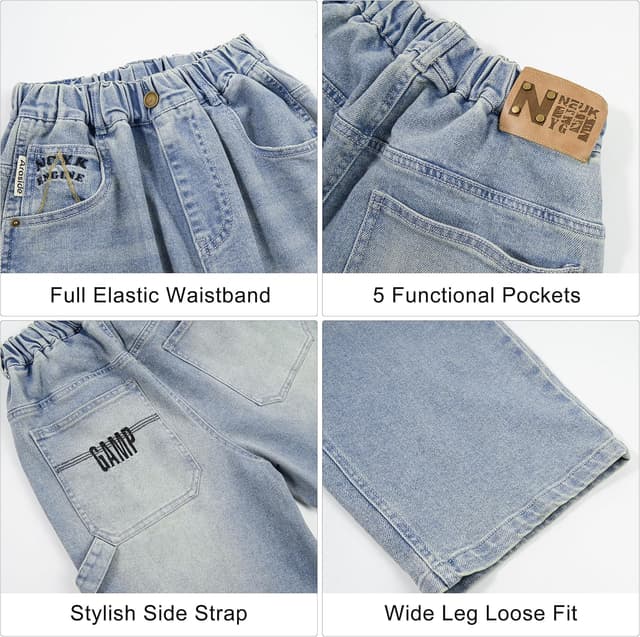 Detalle de Rolanko Baggy-Jeans Jungen mit elastischem Bund und mehreren Taschen – Cargo-Style im Vintage-Jeans-Look