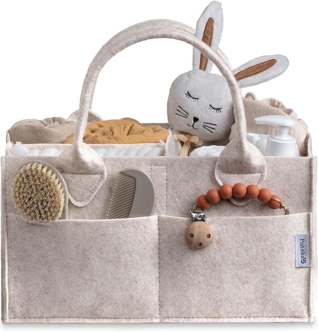 Detalle de PUTSKA Windelkorb Organizer – extra großer Aufbewahrungskorb für Kinderzimmer & Wickelstation in Mokka