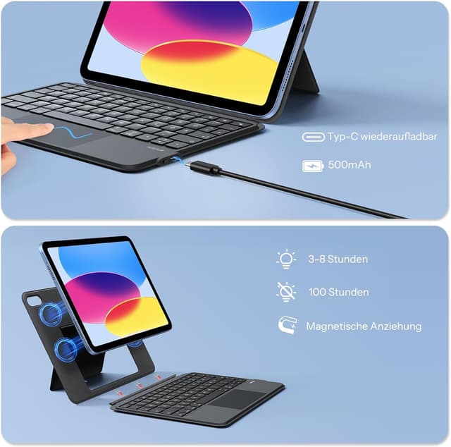 Detalle de OMOTON Tastatur-Hülle für iPad 10. Generation (2022) – Bluetooth QWERTZ mit Trackpad, 7-farbige Beleuchtung und abnehmbarem Touchpad, schwarz