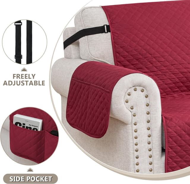 Detalle de FIGOOO Copridivano impermeabile trapuntato 3 posti con tasche laterali, Borgogna