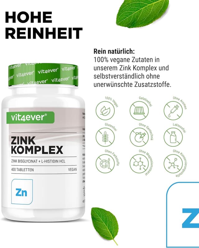 Detalle de Zink 25 mg (Albion Zinkbisglycinat) + L-Histidin – 400 Tabletten Premium