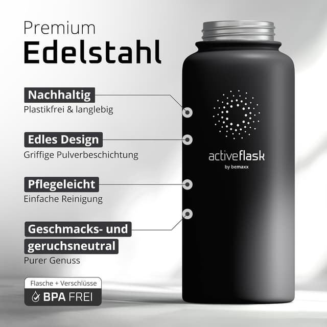 Detalle de BeMaxx ACTIVE FLASK Edelstahl-Trinkflasche mit Strohhalm & 3 Deckeln, BPA-frei, auslaufsicher