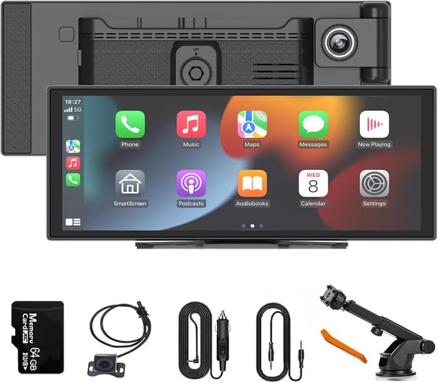 Detalle de 11.26-inch Wireless Apple CarPlay & Android Auto Screen with 4K Dash Cam, 1080P Backup Camera, GPS, and Mirror Link (Includes 64GB U3 card)