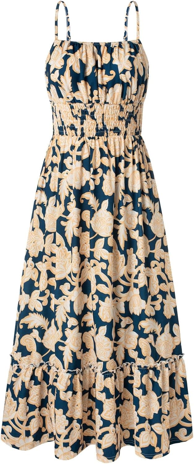 Detalle de GRACE KARIN Women’s Boho Maxi Summer Dress with Pockets, Floral Print & Smocked Waist