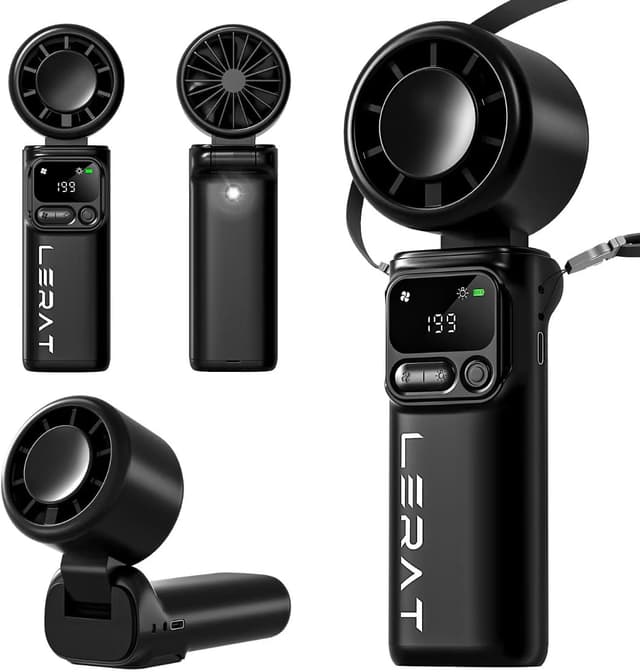 Detalle de Lerat Portable Handheld Turbo Fan (5-Speed Turbo, 4000mAh Rechargeable, Foldable 3-in-1) — Black