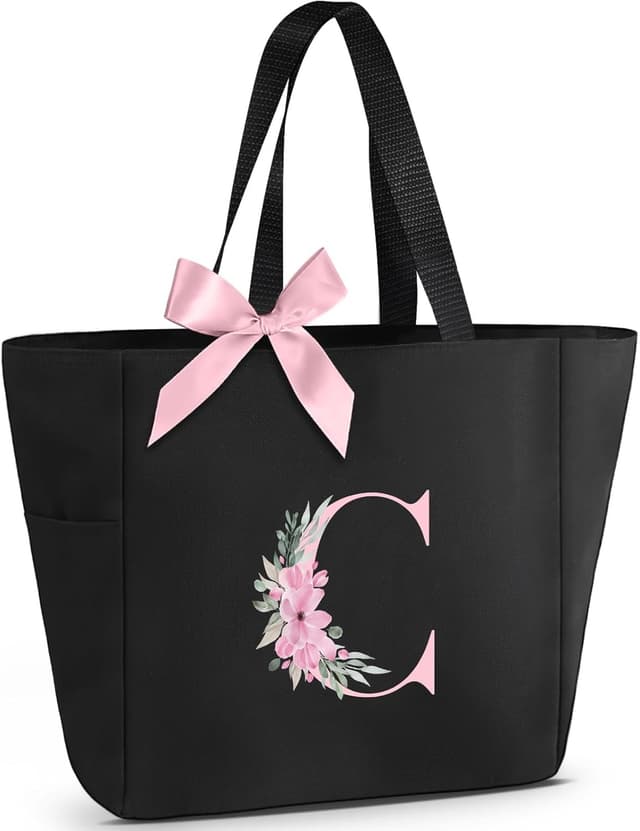 Detalle de Vavabox A‑Z Initial Personalised Tote Bag (Waterproof, Pink Bow Detail) – Black