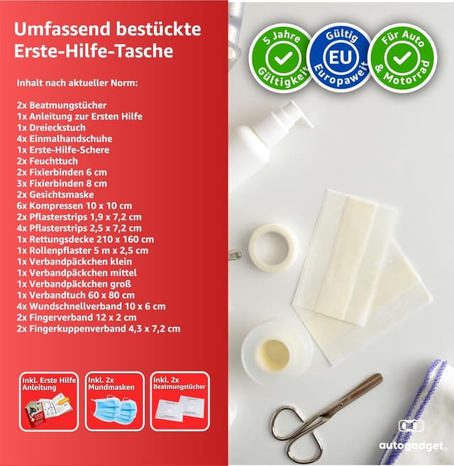 Detalle 2 de Verbandstasche KFZ Norm 2026 mit Beatmungstüchern (DIN 13164:2022) – Erste-Hilfe-Set für Auto, StVO-konform in Pink