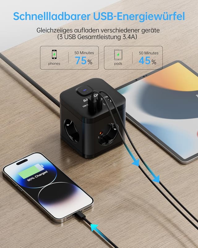 Detalle de AICODE Steckdosenwürfel 3680 W mit 4 USB