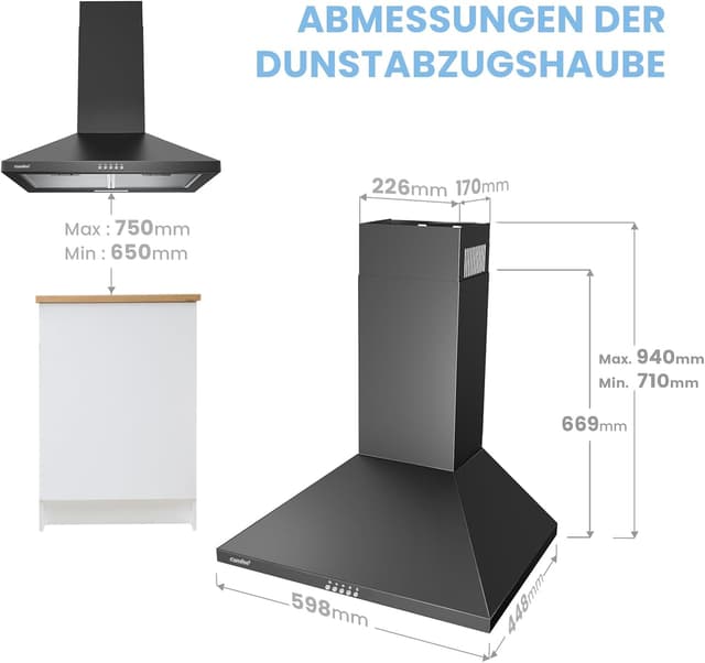Detalle 2 de COMFEE' CH60A17EM400B Dunstabzugshaube 60 cm (Umluft & Abluft) mit 400 m³/h, Aktivkohlefilter, schwarz