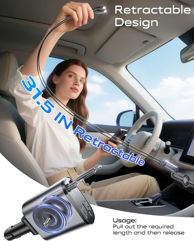 Detalle de Retractable Car Phone Charger 4-in-1 20W USB 12V Car Adapter with 2 Retractable Cables