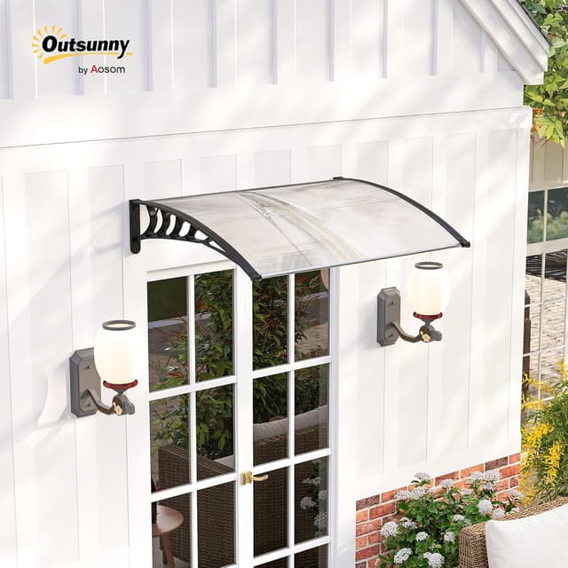 Detalle de Auvent de porte Outsunny en polycarbonate 122x89 cm – Marquise blanche pour protection pluie et UV