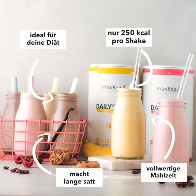 Detalle de VitalBody+ DailyShake Fresh Banana (450 g) – vegetarischer Mahlzeitenersatz zum Abnehmen, 250 kcal pro Shake