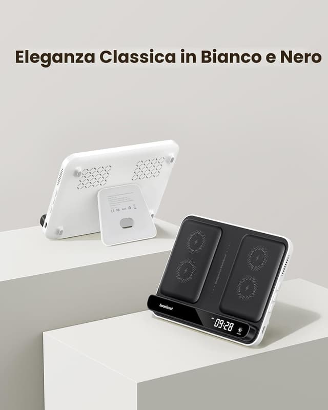 Detalle de SwanScout 504 Doppio caricatore wireless per 2 telefoni con stazione di ricarica e orologio digitale