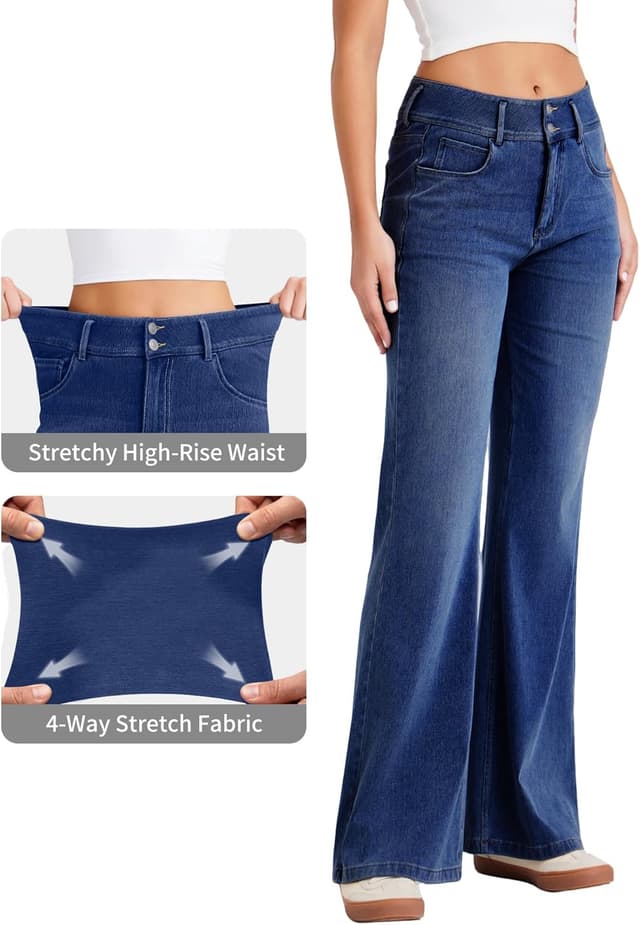 Detalle 2 de LaiEr Women’s Wide-Leg Jeans with Double Row Button Zip Placket – High Elastic Denim Look for Casual, Yoga & Fitness