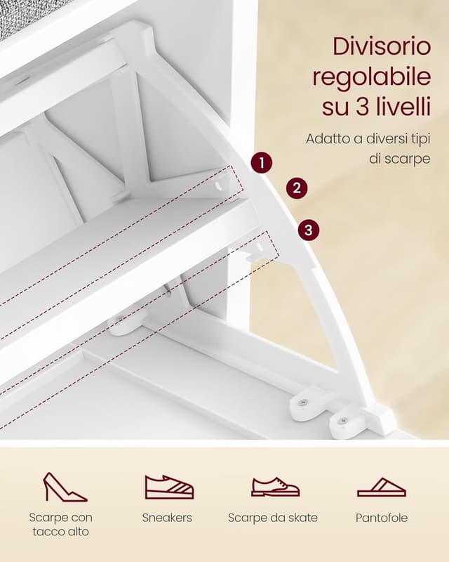 Detalle 2 de VASAGLE LSB122WB01: panchina scarpiera da ingresso con 3 ripiani e cassettto a ribalta