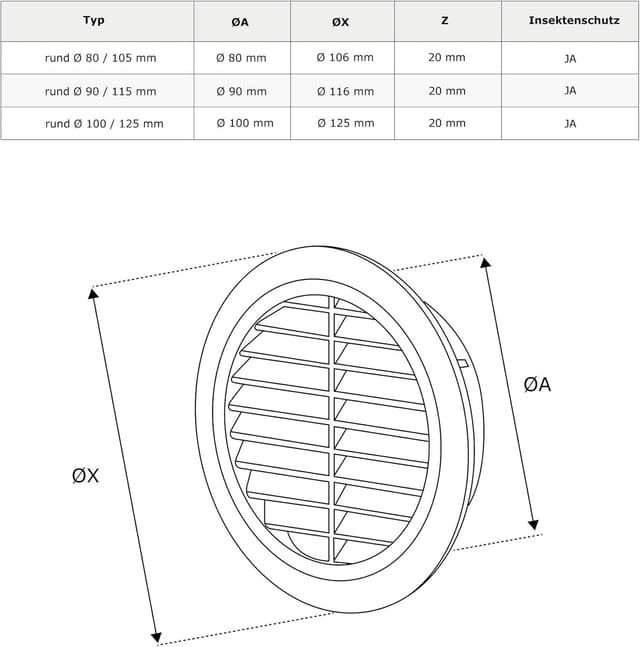 Detalle 2 de Awenta Lüftungsgitter aus ABS-Kunststoff rund Ø 90/115 mm, weiß