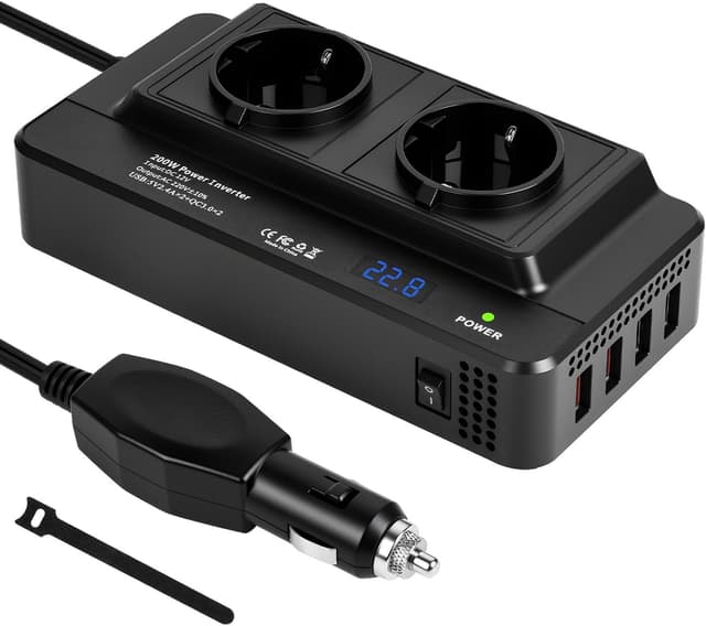 Detalle de URAQT Convertisseur 12V CC vers 230V CA 200W pour voiture avec 2 prises AC et 4 ports USB (QC 3.0)