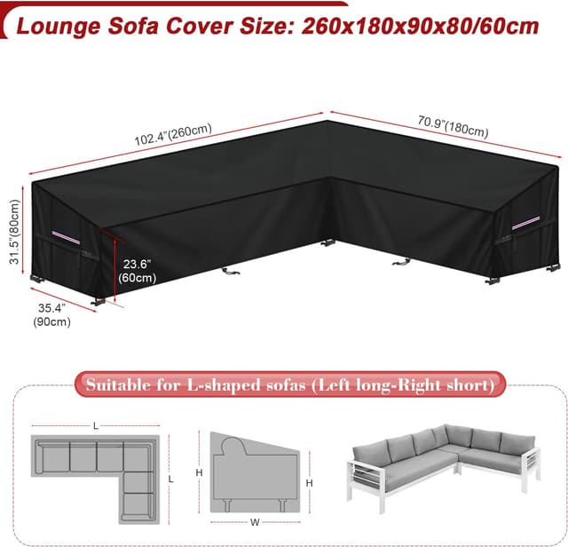 Detalle 2 de LAMUNI Lounge-Abdeckung für L-Form Loungemöbel (wasserdicht, Anti-UV), 260x180x90x80/60 cm