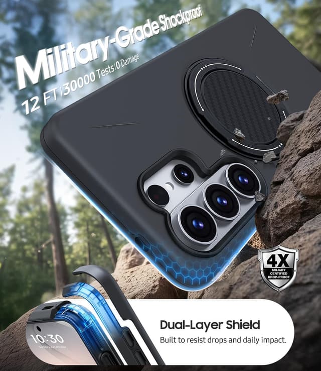 Detalle de AOUIA Samsung S26 Ultra Case (Black) with 2-Pack Screen Protector & 360° Kickstand