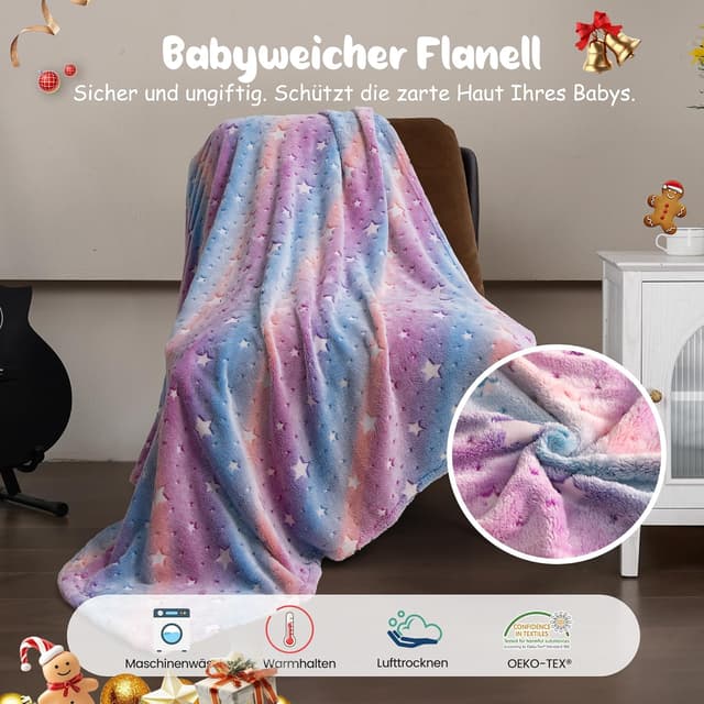 Detalle de Winthome Kuscheldecke für Mädchen – Glow-in-the-Dark Kinderdecke (Stern, 130×170 cm)