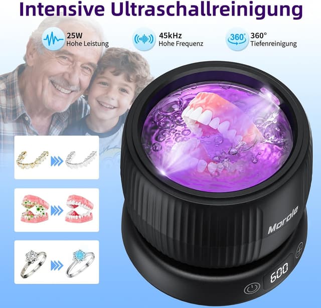 Detalle de Morole Ultraschallreinigungsgerät (45.000 Hz) 200 ml mit UV-Lampe – für Zahnschienen, Retainer, Aligner, Prothesen, Zahnbürsten & Schmuck