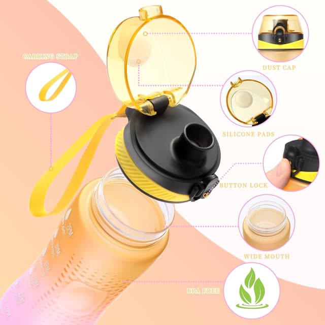 Detalle 2 de Binudum Motivations-Trinkflasche mit Zeitmarkierung (Tritan, BPA-frei), auslaufsicher – 750 ml