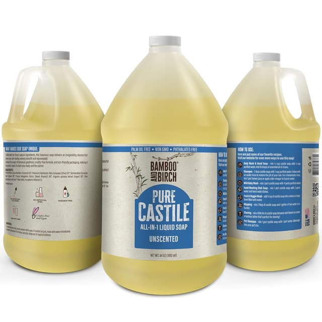 Detalle de Bamboo and Birch Pure Castile Soap Liquid (Unscented, 64 oz) — natural palm oil-free liquid soap