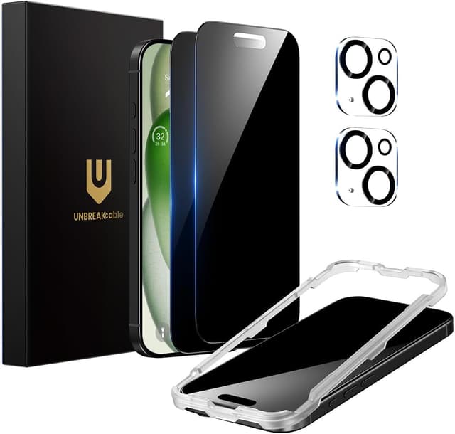 Detalle de UNBREAKcable Privacy Screen Protector for iPhone 15 Plus (6.7-inch) — 2-Pack + 2 Lens Protectors (25° Anti-Spy, 9H Tempered Glass)