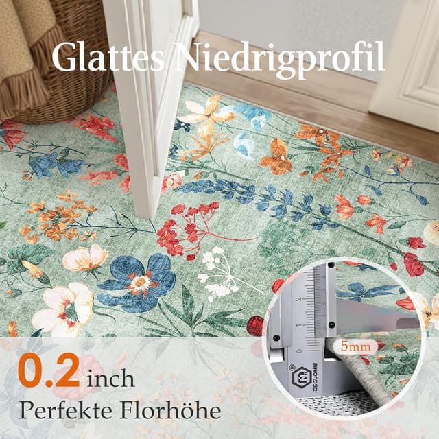 Detalle de HUGEAR waschbarer Teppich mit Blumenmuster (200x300 cm) – rutschfest für Wohnzimmer, Schlafzimmer & Büro