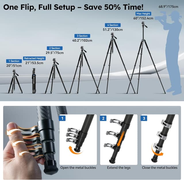 Detalle 2 de Sirui L-224FL+KV-5 Carbon-Reisestativ Set 1,43 kg