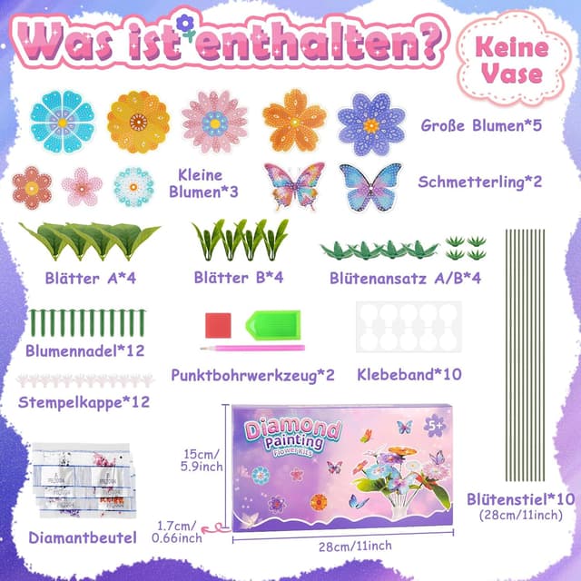 Thumbnail 6 de Blumen Basteln Mädchen Diamond Painting Set (Blumenstrauß) – Bastelkoffer mit Diamanten und Zubehör