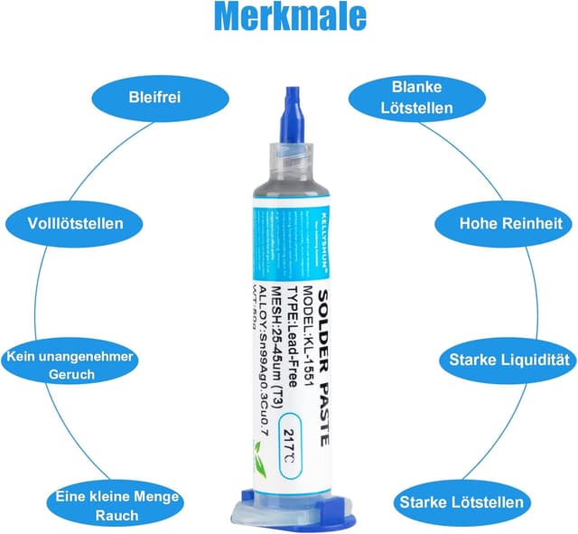 Detalle de KELLYSHUN KL-652 No-Clean Lötpaste + Flussmittel + Entlötlitze (Sn99%/Ag0.3%/Cu0.7%, 3-teilig)