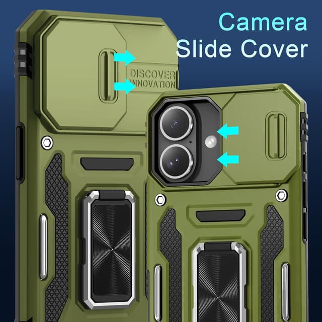 Detalle de DEERLAMN iPhone 16 Armor Case with Sliding Camera Cover, Rotating Ring Kickstand + Tempered Glass Screen Protector (2-Pack)