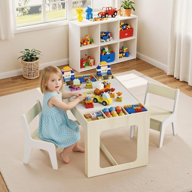 Detalle de Clevich Kindersitzgruppe mit Stauraum: Kindertisch mit 2 Stühlen und drehbarer Tischplatte (für ab 3 Jahren)