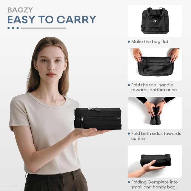 Detalle de BAGZY borsone da viaggio pieghevole 25L 40x30x20 bagaglio a mano Wizzair/Vueling (impermeabile, nero/grigio)
