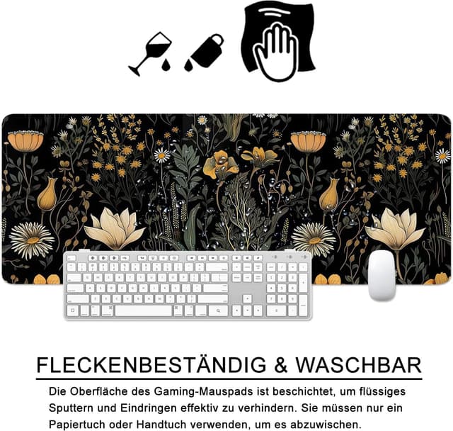 Detalle de Schreibtischunterlage XL Mauspad „Blume & Gras“ 80x30 cm – Gaming Mousepad für PC & Büro