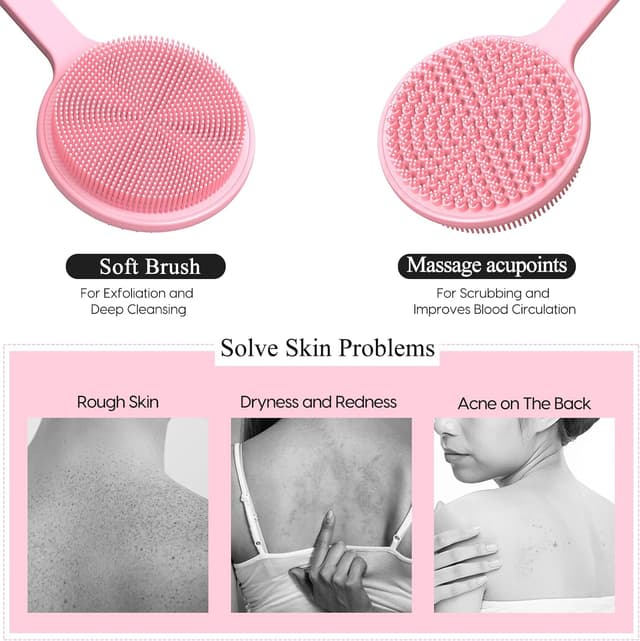 Detalle 2 de Silicone Body Scrubber – Exfoliating Back Scrubber with Long Handle, Double Sided (Pink)