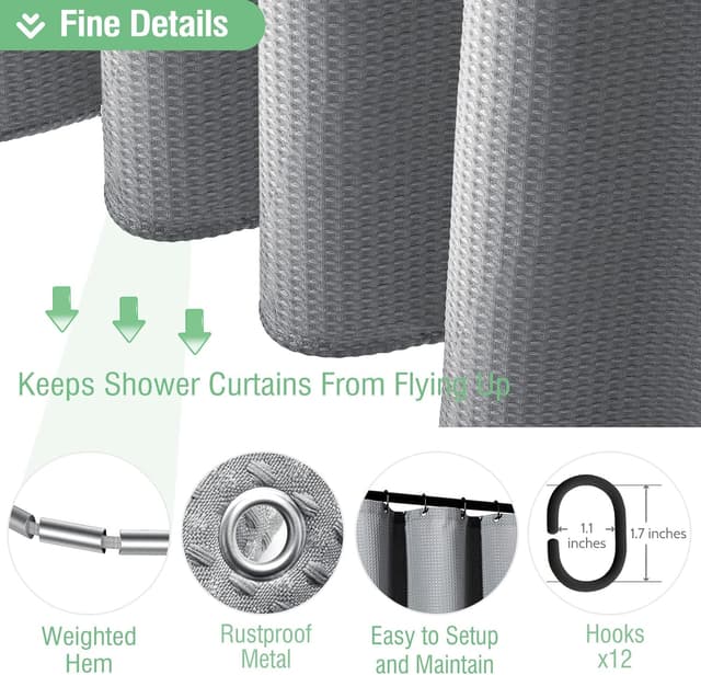 Detalle de Dynamene Grey Waffle Weave Fabric Shower Curtain (72x72) with 12 Plastic Hooks, 256GSM Hotel-Style Weighted Cloth