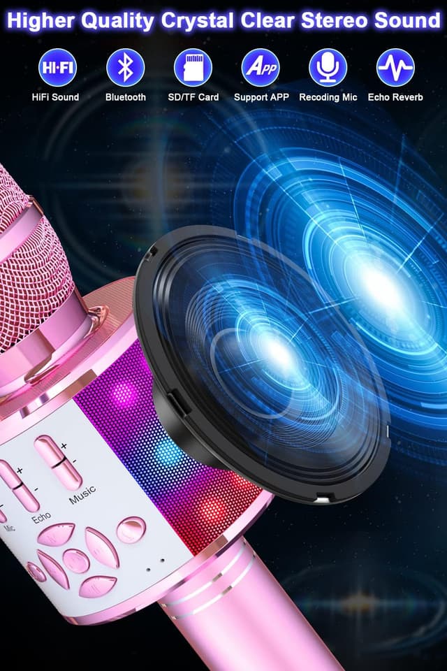 Detalle de BONAOK Magic Sing Karaoke-Mikrofon Bluetooth 4-in-1 (Hellrosa) – kabelloses Kinder- und Party-Karaoke