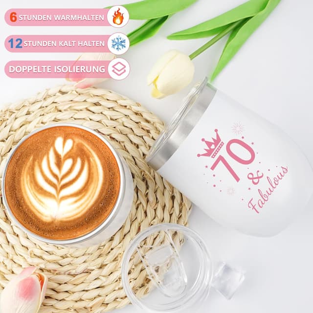 Detalle de 70. Geburtstag Geschenkset für Frauen: Vintage 1956 Canvas-Tasche, Kosmetiktasche & Isolierbecher-Set