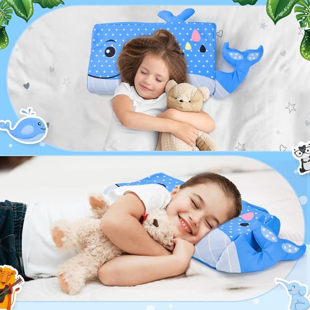 Detalle 2 de YAOZUP Cuscino Memory Foam Bambini 45x27x5/7 cm “Balena blu” con federa antiacaro