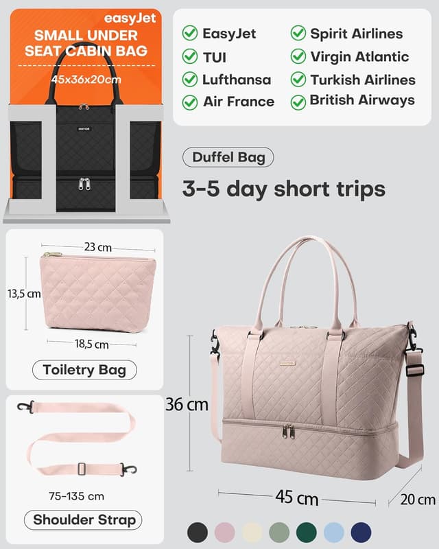 Detalle 2 de HOTOR Women’s Lightweight Travel Holdall Bag with Shoe Compartment & Toiletry Pouch (Pink) – 34 x 45 x 20 cm