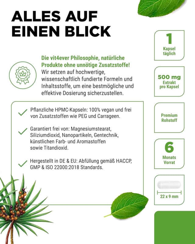 Detalle 2 de Saw Palmetto Extrakt 500 mg – 180 Kapseln, 5% Phytosterole (vegan)